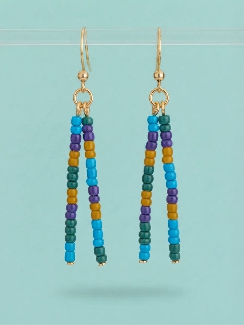 Handmade Gold Bead Drop Earrings with Teal, Purple & Mustard Accents